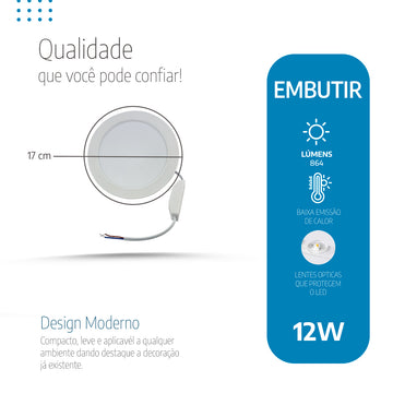 Painel Led 17cm 12W Embutir Redondo Luminária